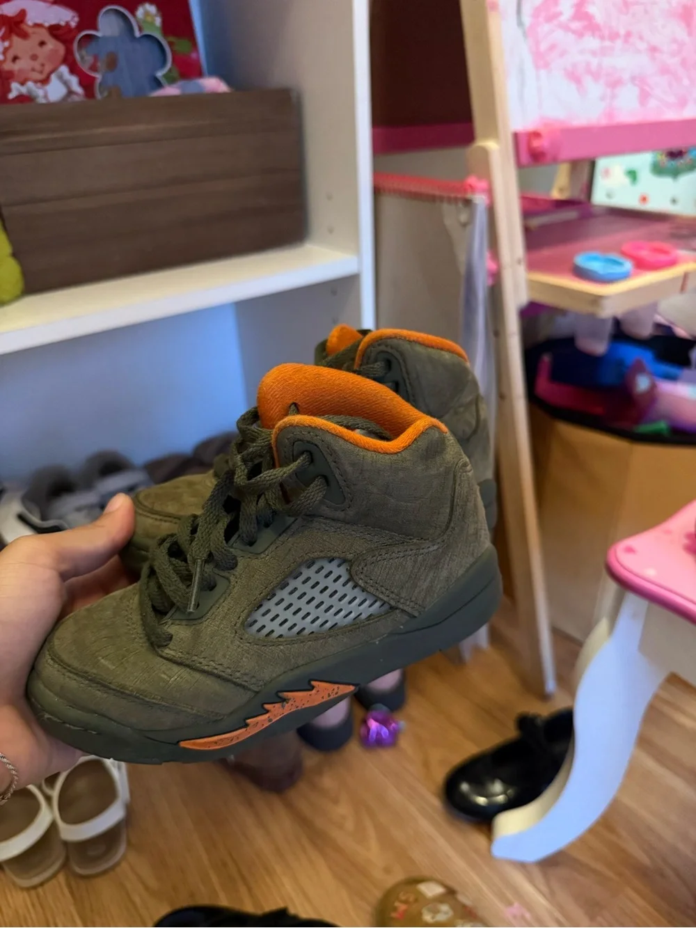 Jordan Kids High-Top Sneakers in Olive Green and Orange
